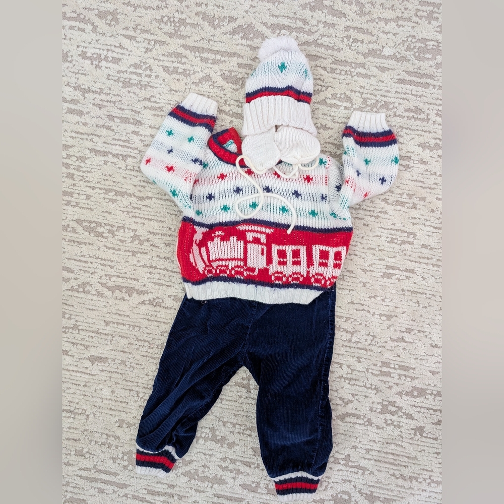 Baby Vintage Ski Sweater Outfit 3 Piece Sweater Pants Hat Snow Cozy Trains 90s